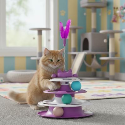 Jeu pour chat - Plateau tournant avec bâton à plumes - Chatyfyclub
