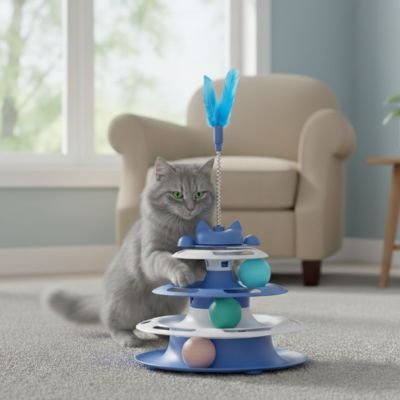 Jeu pour chat - Plateau tournant avec bâton à plumes - Chatyfyclub